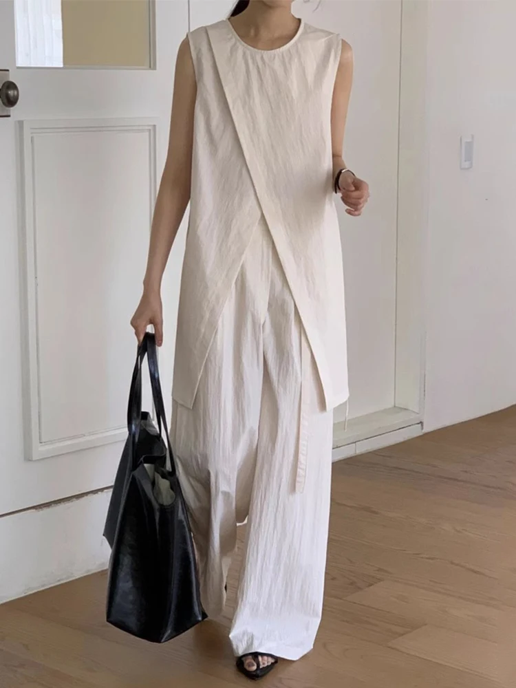 

SuperAen 2024 Korean Chic Summer Design Split Tank Top Shirt High Waist Tie Up Wide Leg Trousers Sets