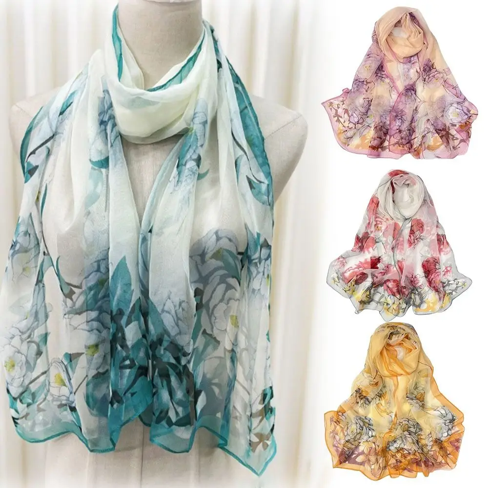 

Portable Floral Printing Silk Scarf Sun-Resistant Breathable Beach Shawl Smooth Long Wraps for Women