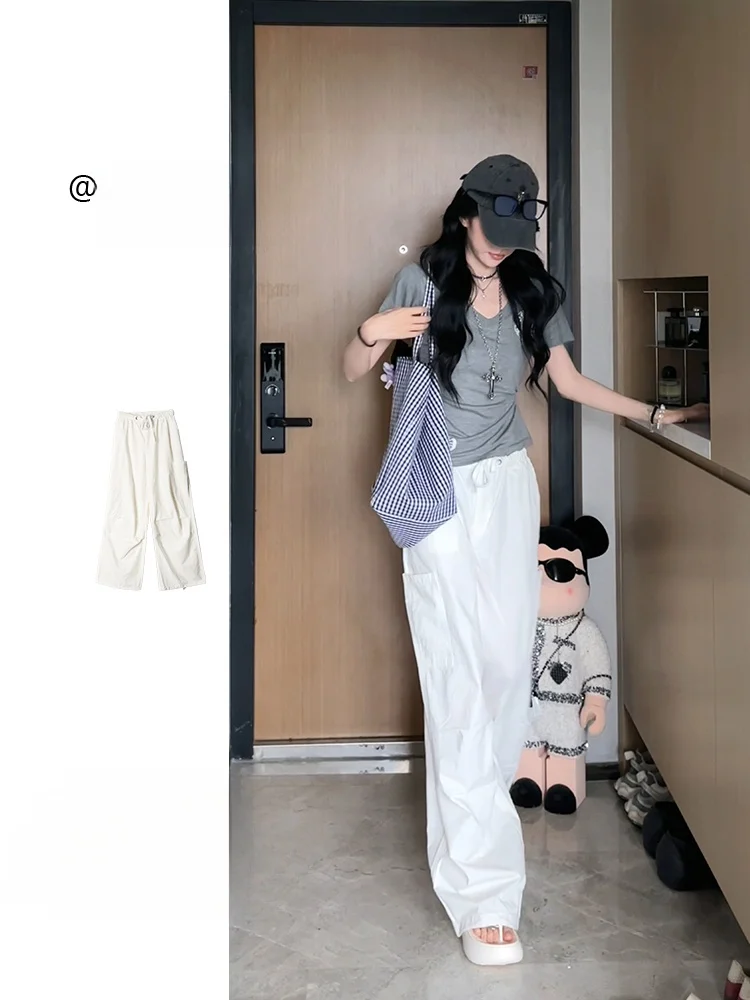 

Свободные женские рабочие брюки с дизайном Cloud, на шнурке, с большими карманами, повседневные, прямого кроя, из хлопка, длинные