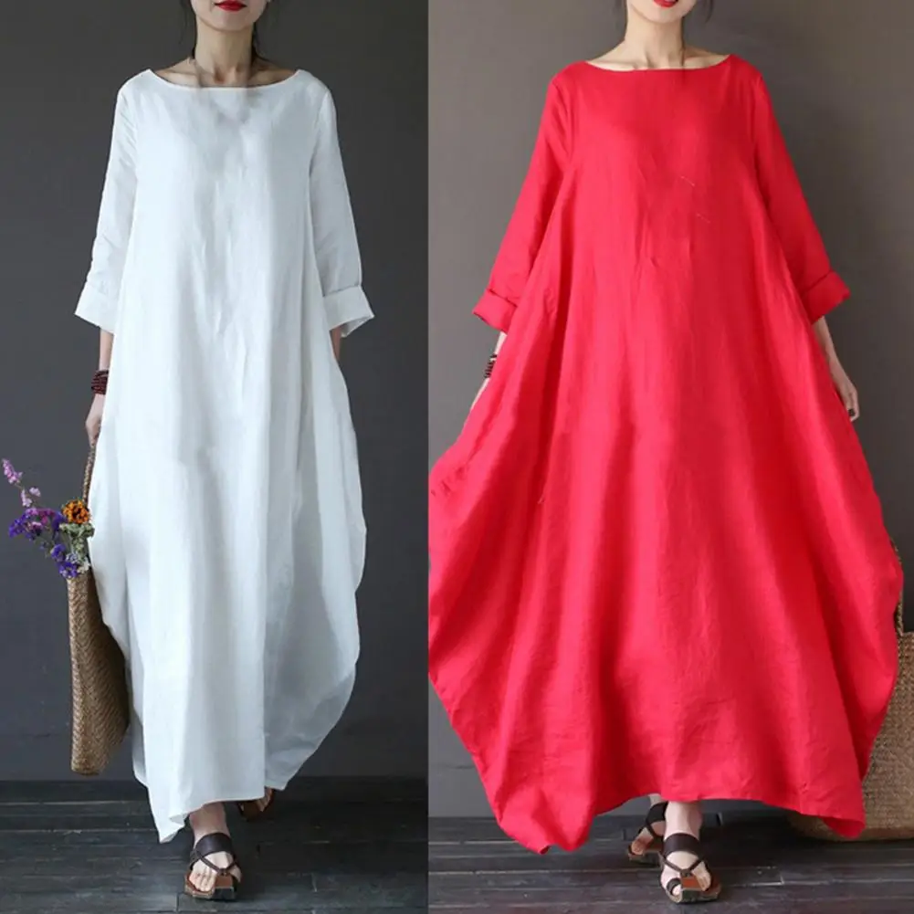 Vintage Dress Boho Shirt Dress Women Plus Size Loose Round Neck Spring Dress for Streetwear Elegant Vestidos for Female Ladies