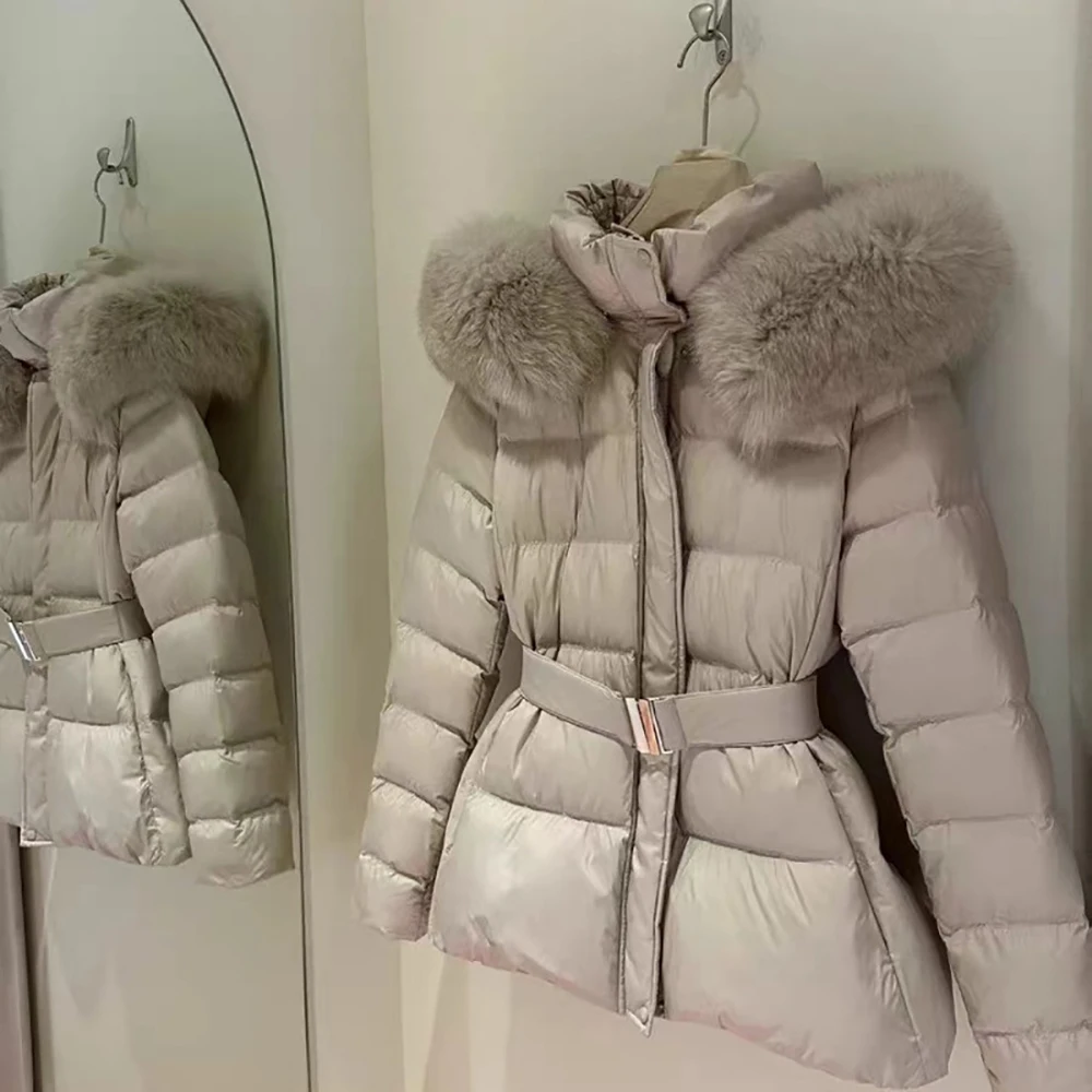 Women Winter Puffer Cotton Coat Fashion Faux Fur Hooded Belt Slim Waist Cotton Jackets Thick Warm Female Parka Outerwear