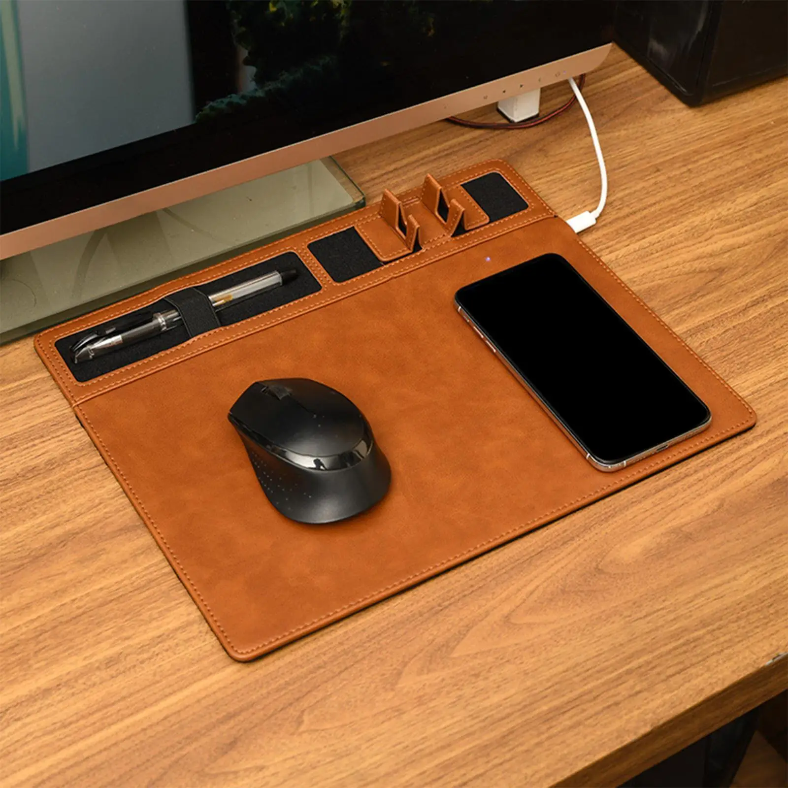 لوحة ماوس مكتبية باللون البني بقدرة 15 وات، شحن لاسلكي غير قابل للانزلاق مع حامل هاتف مع حامل قلم وحصيرة كمبيوتر لألعاب سطح المكتب والمكتب المنزلي