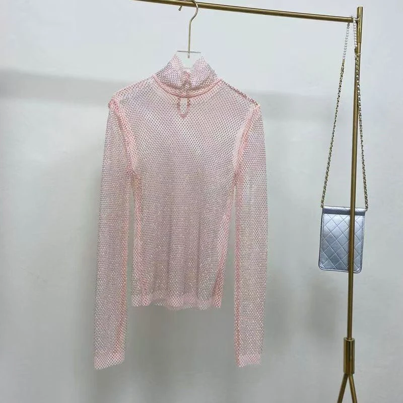 Damen Strass-Mesh-Rollkragen-Top, Durchsichtiges Netzshirt, Glitzerndes Transparentes Unterhemd, Eng Anliegend, für Party, Nachtclub, Festival, Clubwear – Detail 5
