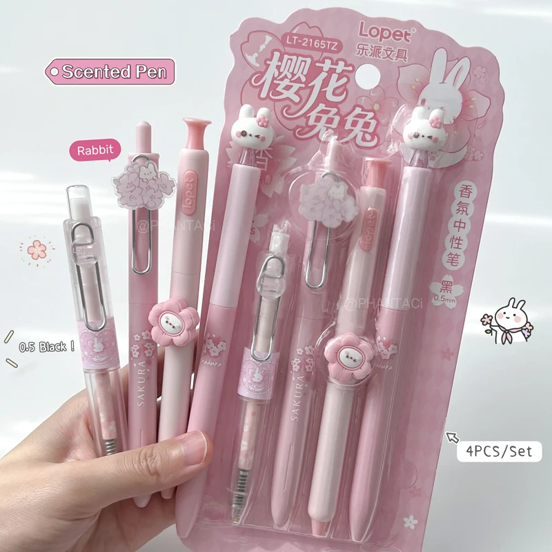 

4PCS Scented Gel Pen Set For Students 0.5mm Black Pen Creative Plant Cloud Rabbit Butterfly Style Writing Pen Office Supplies