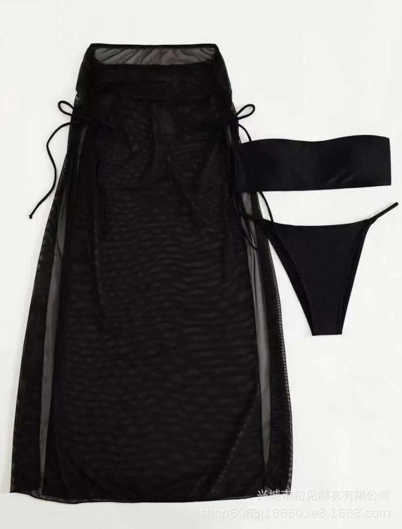 3 Pieces Thong Bikini 2026 Women With Dress Black Swimwear Female Bandeau Swimsuit Beach Wear Bathing Swimming Suit Summer