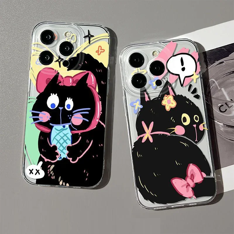 Cartoon Black Cat Phone Case For Samsung S26 S25 S24 S23 S22 S21 S20 FE Note20 Note10 Plus Ultra Lite Edge 5G Clear Soft TPU