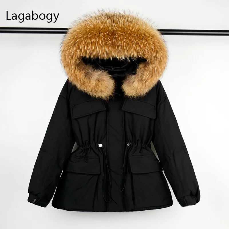 

Raccoon Women 2023 Fur Big Winter Real Jacket Hooded Thick Warm Snow Parka Female 90%White Duck Down Coat Loose Outwear