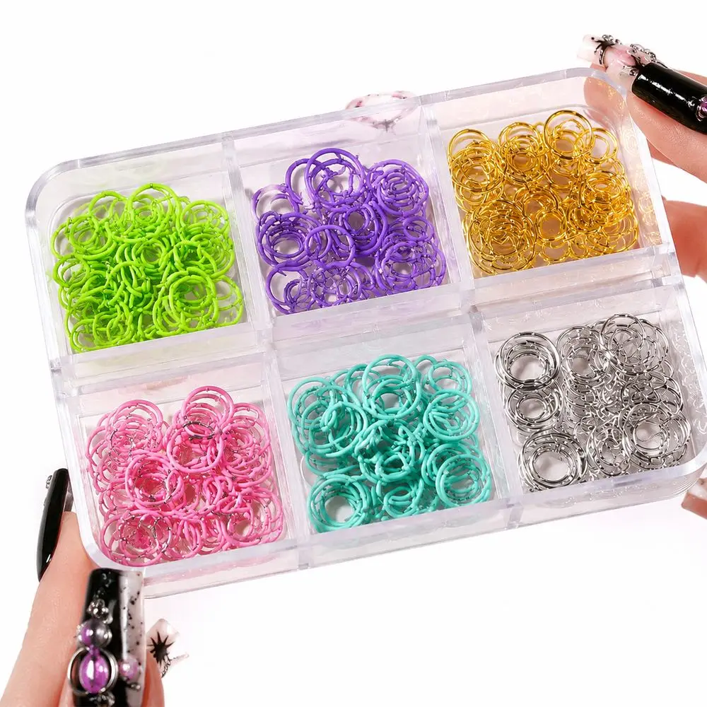 6Grids Mixed‑Size Nail Metal Open Jump Rings Hollow Circle Punk Loop Charms Colorful Metal Circles For DIY Acrylic Nail Supplies
