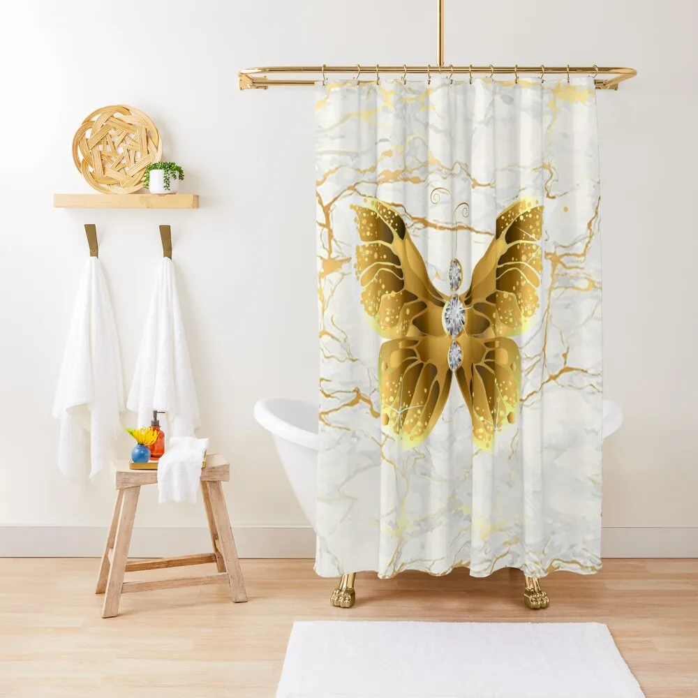 

Эстетическая золотая бабочка Cottagecore | Белая и золотая мраморная плитка, художественная занавеска для душа, водонепроницаемая занавеска для душа, декор для ванной комнаты