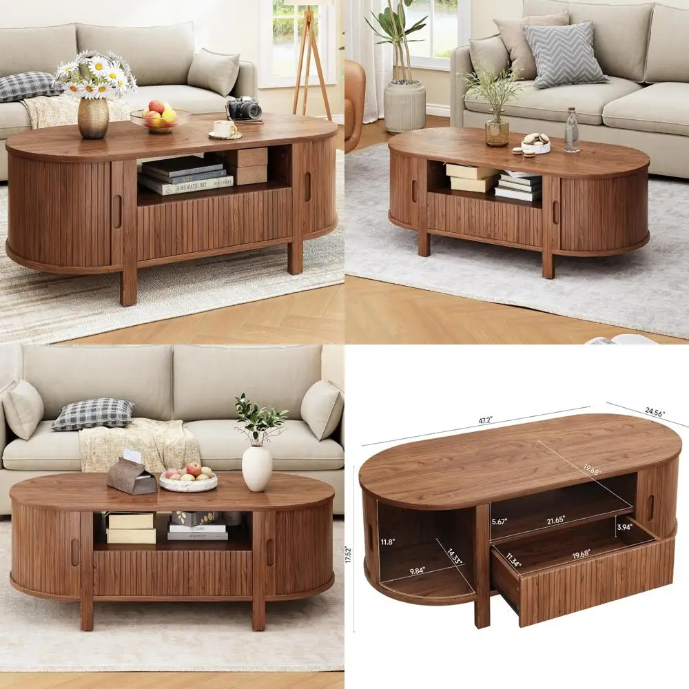 طاولة قهوة حديثة بتخزين بيضاوية 47.2 من منتصف القرن مع درج وباب منزلق