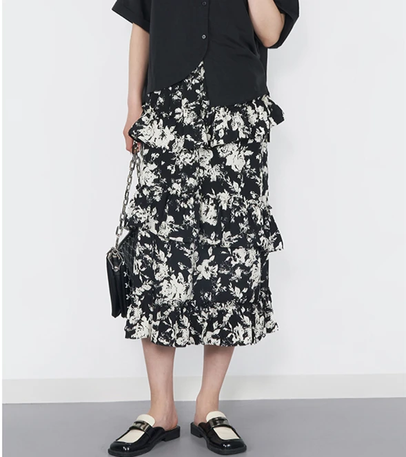 Primavera verão novo chiffon feminino saias de comprimento médio impresso cintura elástica temperamento senhoras em camadas plissado borda vestidos