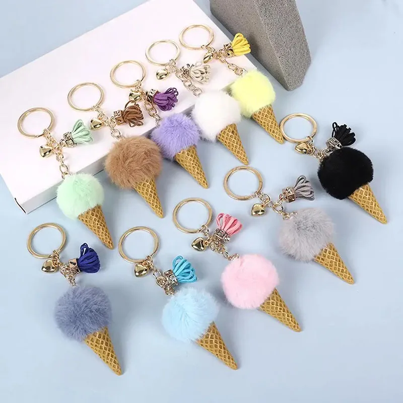 Candy Color Ice Cream Shape Keychain Cute Pompom Pendant Keyring for Women Girls Wallet Handbag Ornament Car Key Decoration