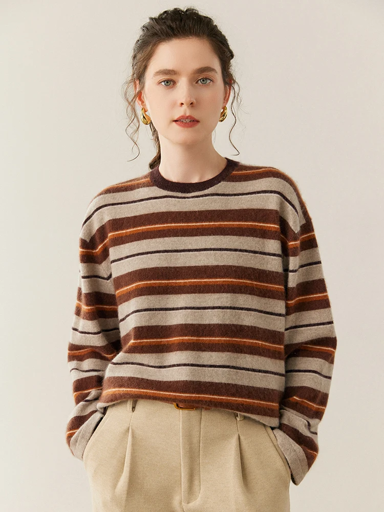 

MEETCC Women 100% Cashmere Vintage Striped Pullover Autumn Winter O Neck Versatile Sweater Soft Warm Long Sleeve Tops Clothing