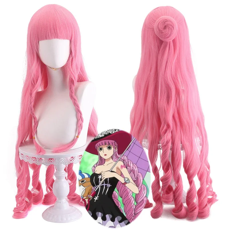 Perona Anime Cosplay peluca rosa para mujeres adultas, cabello largo y rizado, accesorios resistentes al calor, accesorios de fiesta de Halloween