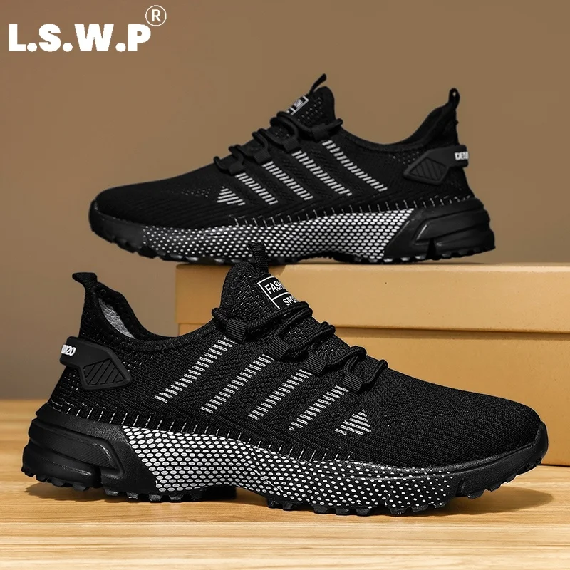 Men's casual sports shoes Men Breathable Fly‑Knit Athletic Shoes Striped Design Anti‑Slip Sole Jogging Daily Casual Sneakers