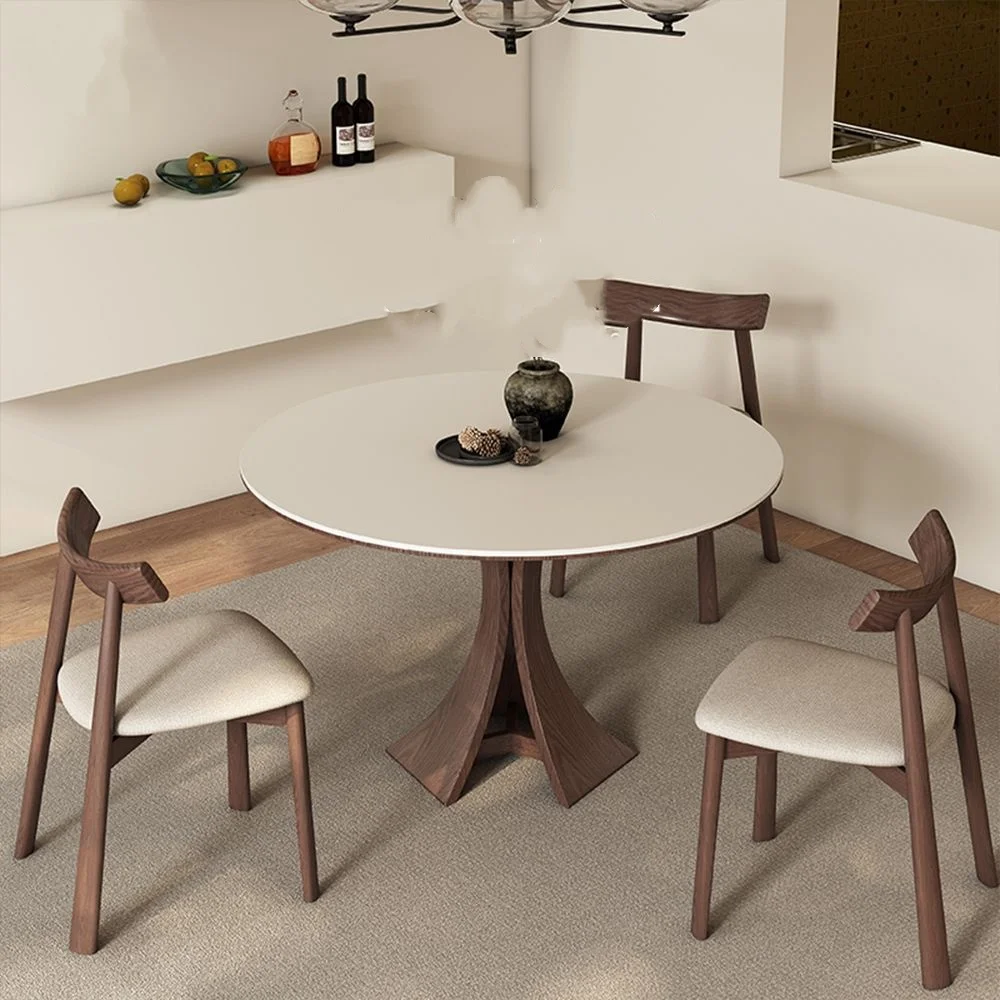 Retro Mid-Century Nordic Wooden Extendable Dining Table Modern Minimalist Design Stone Slab Top Cream Color for Small Apartment