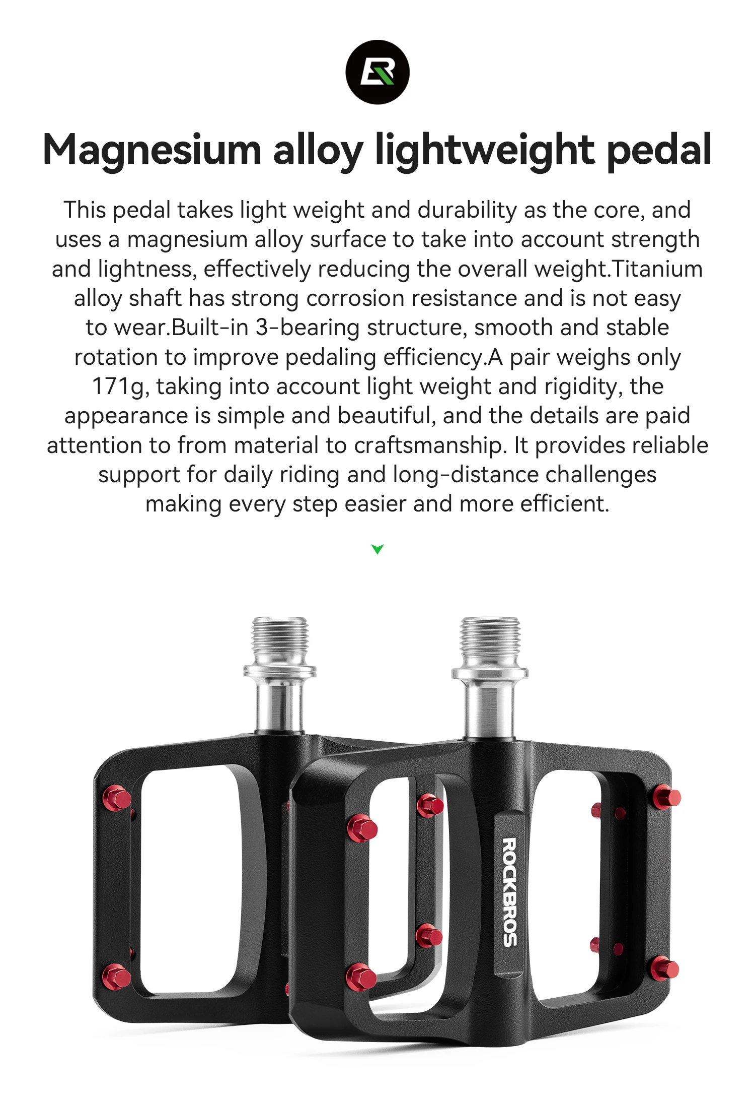 ROCKBROS Fahrradpedale Links/Rechts Leichtes Pedal 3 Lager Rennradpedal Verbreitertes Magnesiumlegierungs-Pedal Ultraleicht 171G – Detail 2
