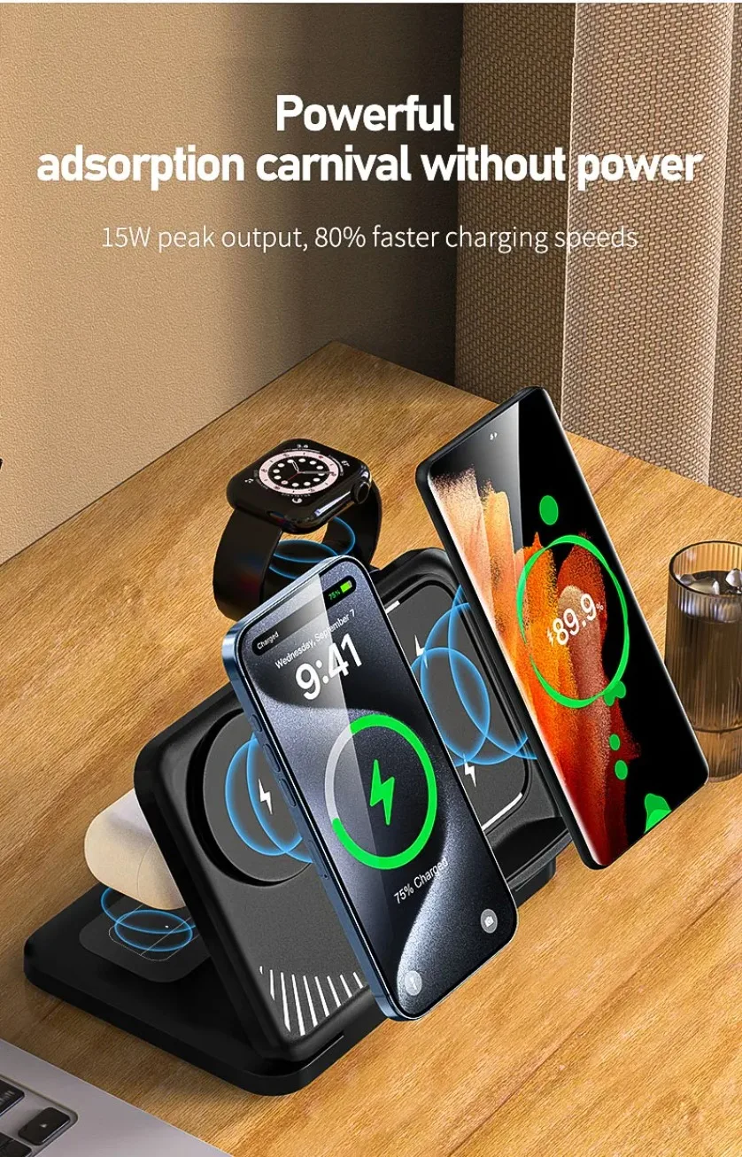4-in-1 Dual-Handy-Ladestation für iPhone 17~12, Samsung S25, Xiaomi, Airpods Pro, Apple Watch 11~2, Magnetisches Schnellladen – Detail 6