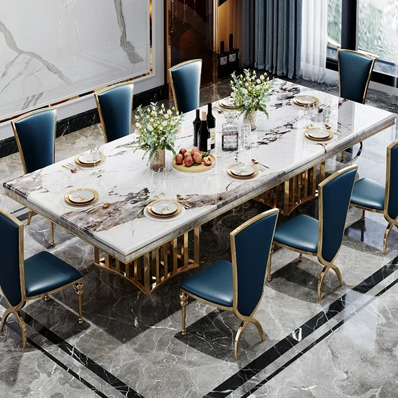 

A Luxury decoration Gold stainless steel frame rectangular marble top dining table set for wedding home dining room furniture