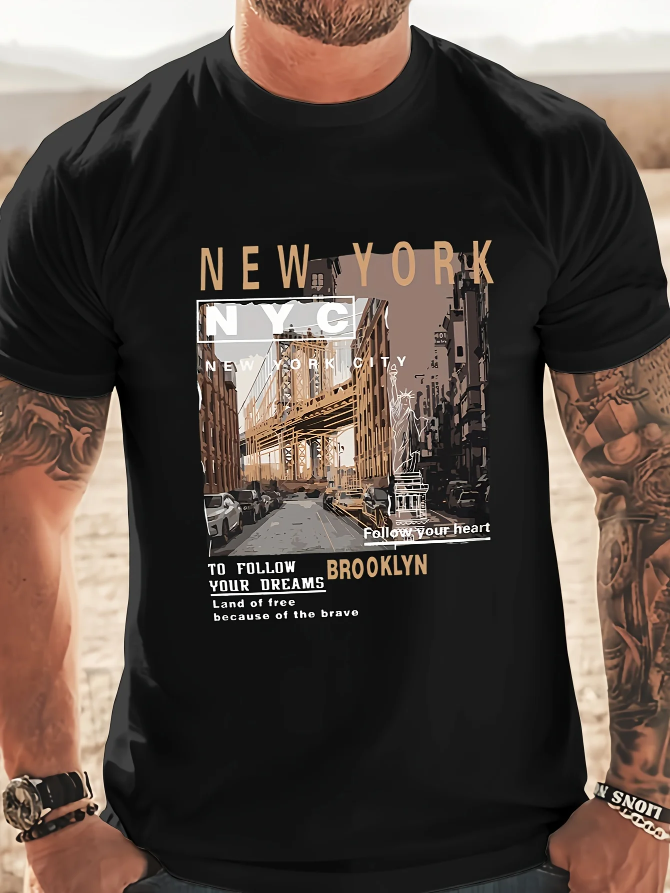 Men's 100% cotton summer loose fitting casual New York print round neck short sleeved T-shirt top