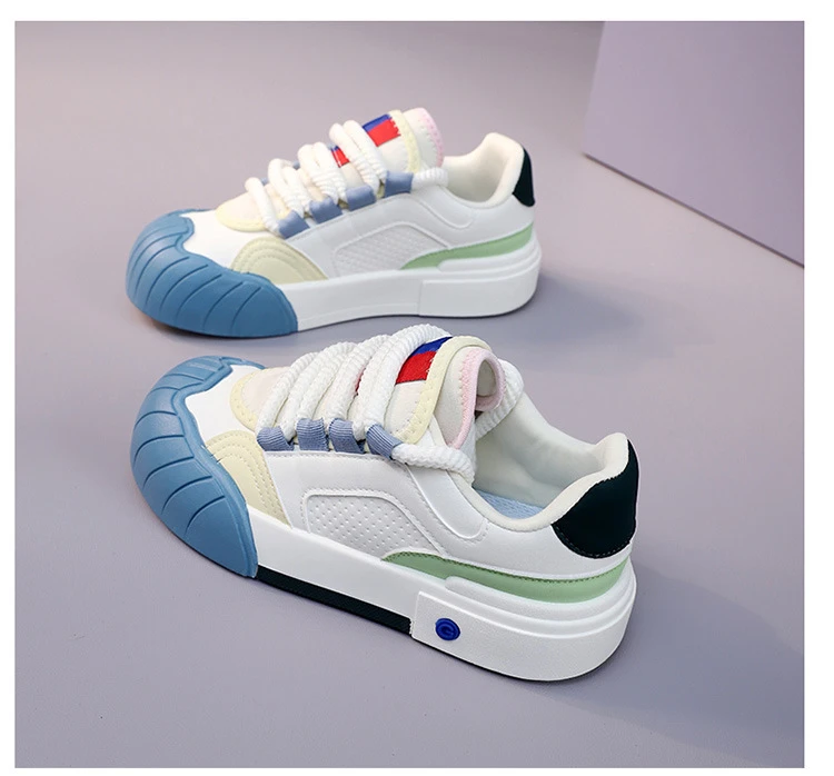 Macaron-Farbblock-Skateschuhe aus Kunstleder für Damen, Wave-Shell-Zehenkappe, Schnürschuhe, Low-Top-Sneaker mit pastellfarbenem Kontrastbesatz – Detail 15