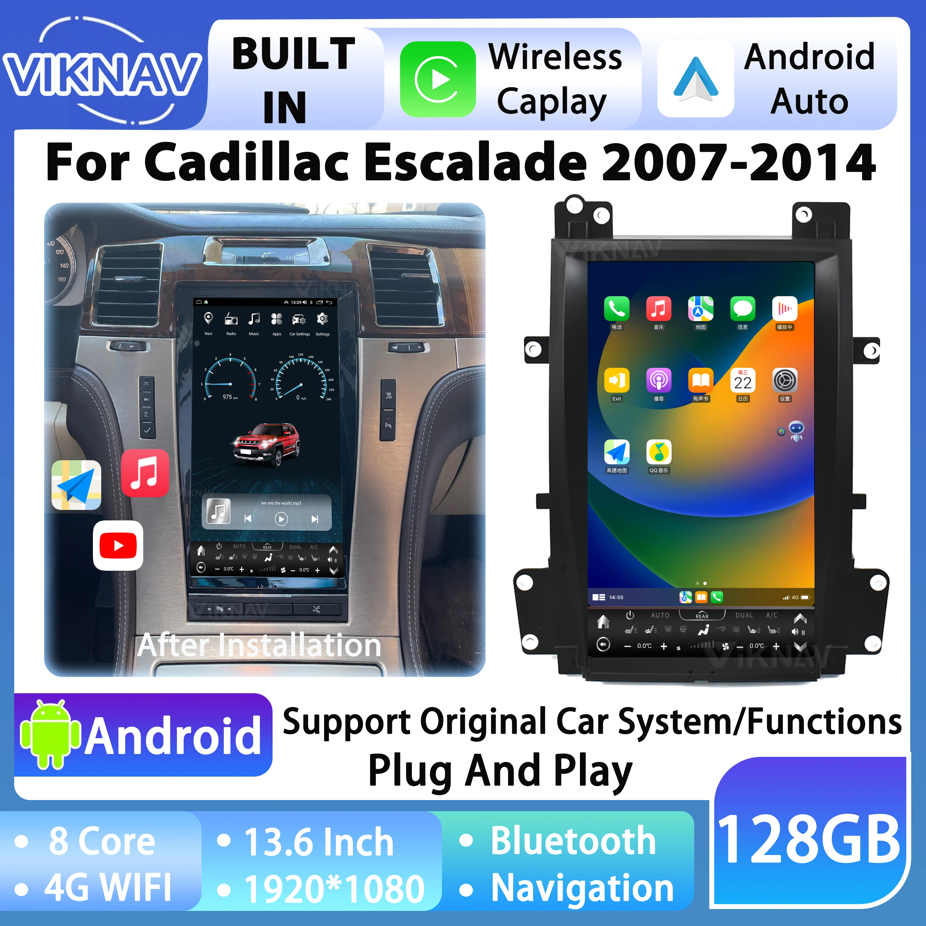 

Viknav Upgrade Android Car Radio For Cadillac Escalade 2007-2014 Wireless Apple Carplay Auto DVD GPS NavigationMultimedia Player