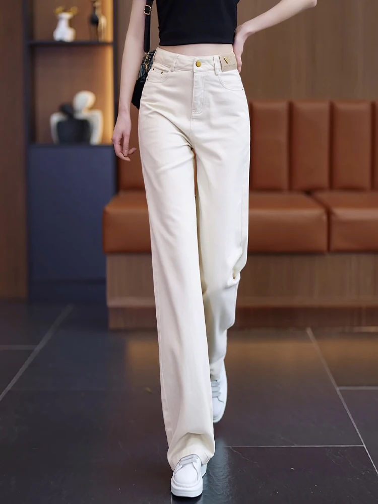 

High Waist Wide Leg Cotton Denim Jeans Women's Spring Autumn Slim Fit Straight Cut Casual Pants Dream Wisdom Elegant Style