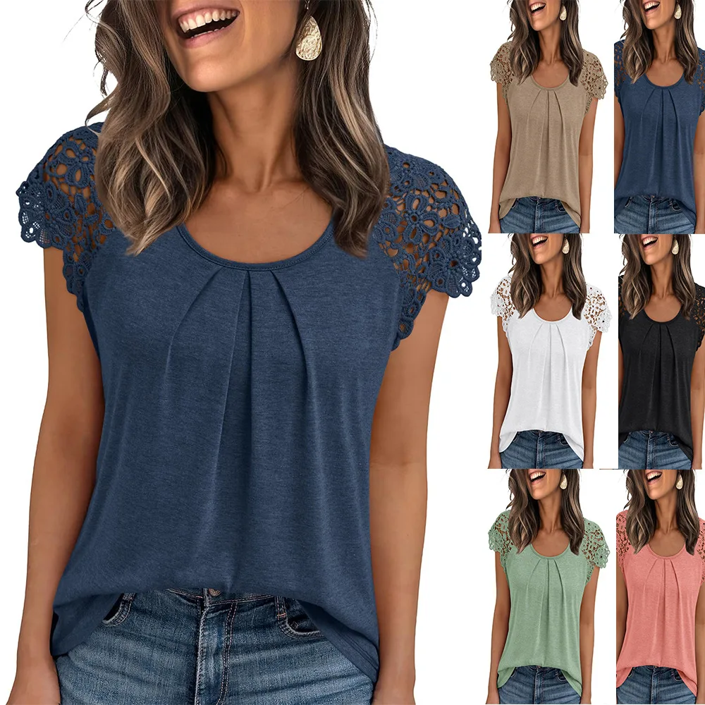 

Women's Casual T-Shirts Loose Fit Hollowed Out Lace Short Sleeve Crew Neck Basic Shirt Pure Color Blouse Mesh Female Tops