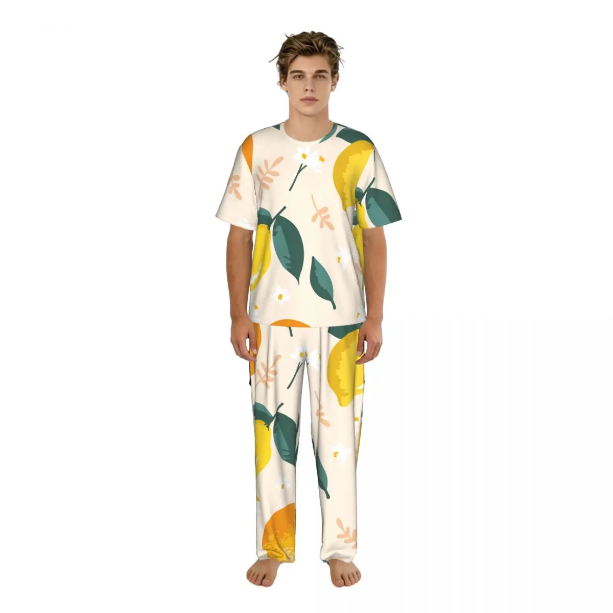

Men Pajamas Suit Short Sleeved Long Pants Summer Lemons Oranges Flowers And Leaves Sleepwear Summer Home Clothing Set