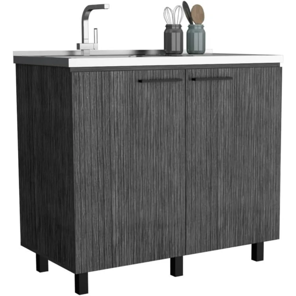 Set of 2 Smoked Oak Kitchen Sink Cabinets for Drop-in Sinks, Smart Design with Stainless Steel Top