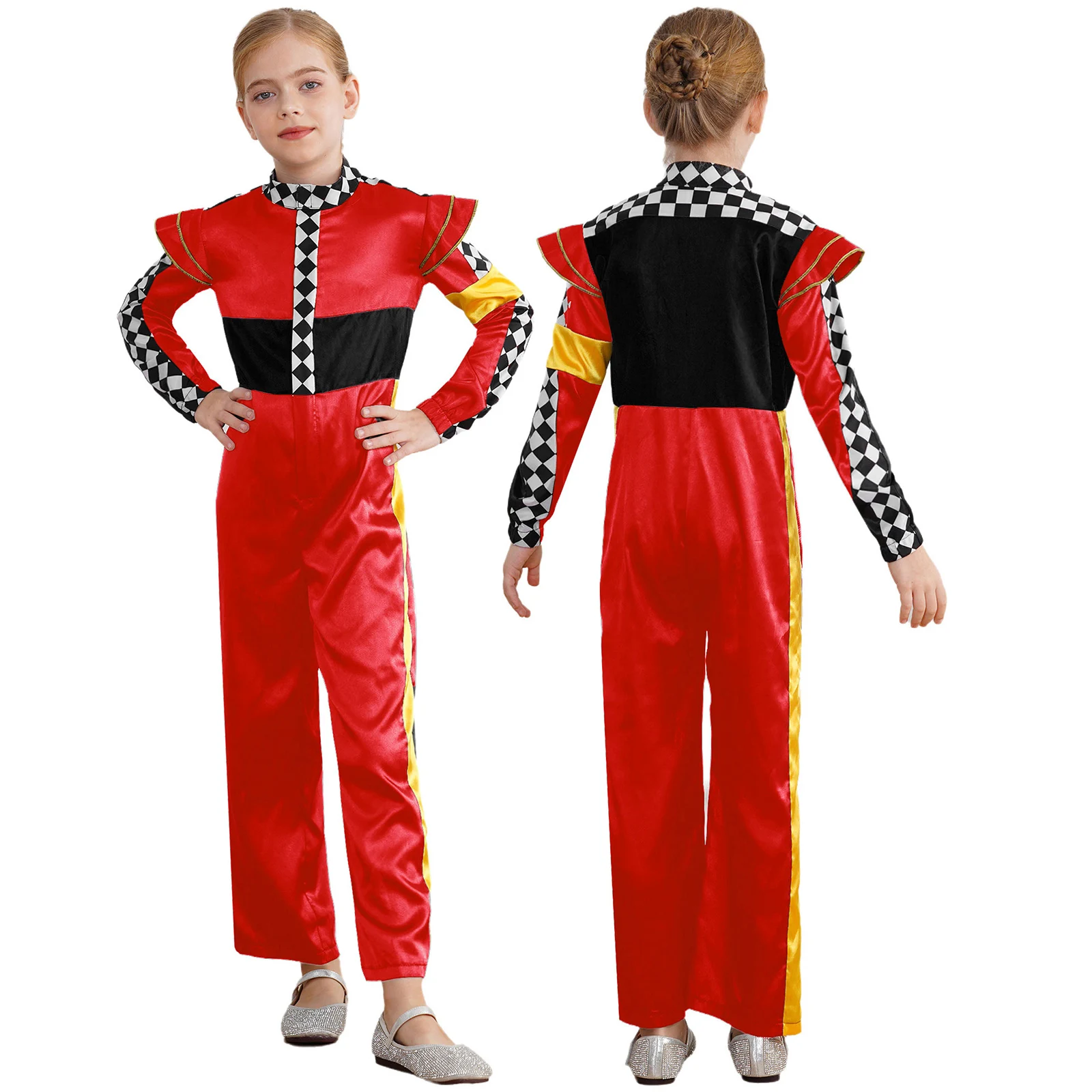 Kids Racer Cosplay Costume Color Block Checkerboard Print Bodysuit Racing Driver Jumpsuit for Halloween Carnival Themed Party