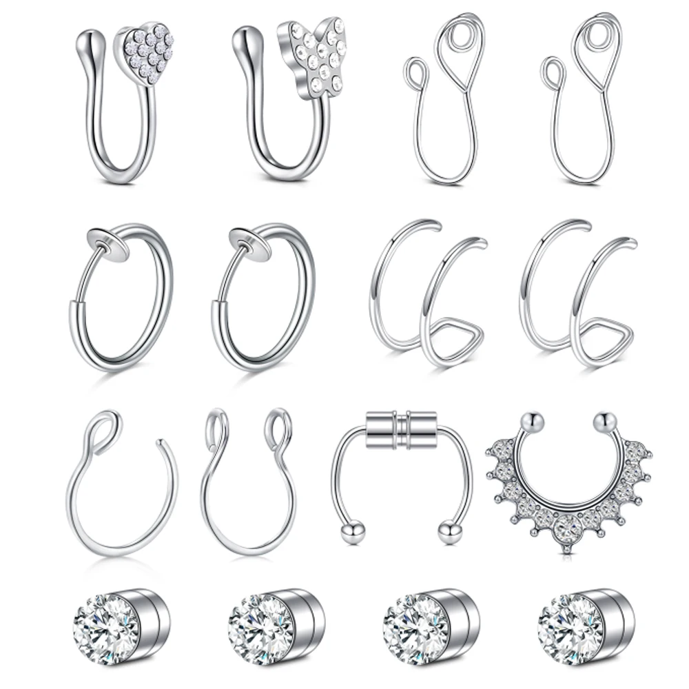 16Pcs/Set Fake Nose Ring Hoop Septum Rings Stainless Steel Lip Ring Earring Faux Piercing Jewelry Non-Pierced Nose Magnetic Stud