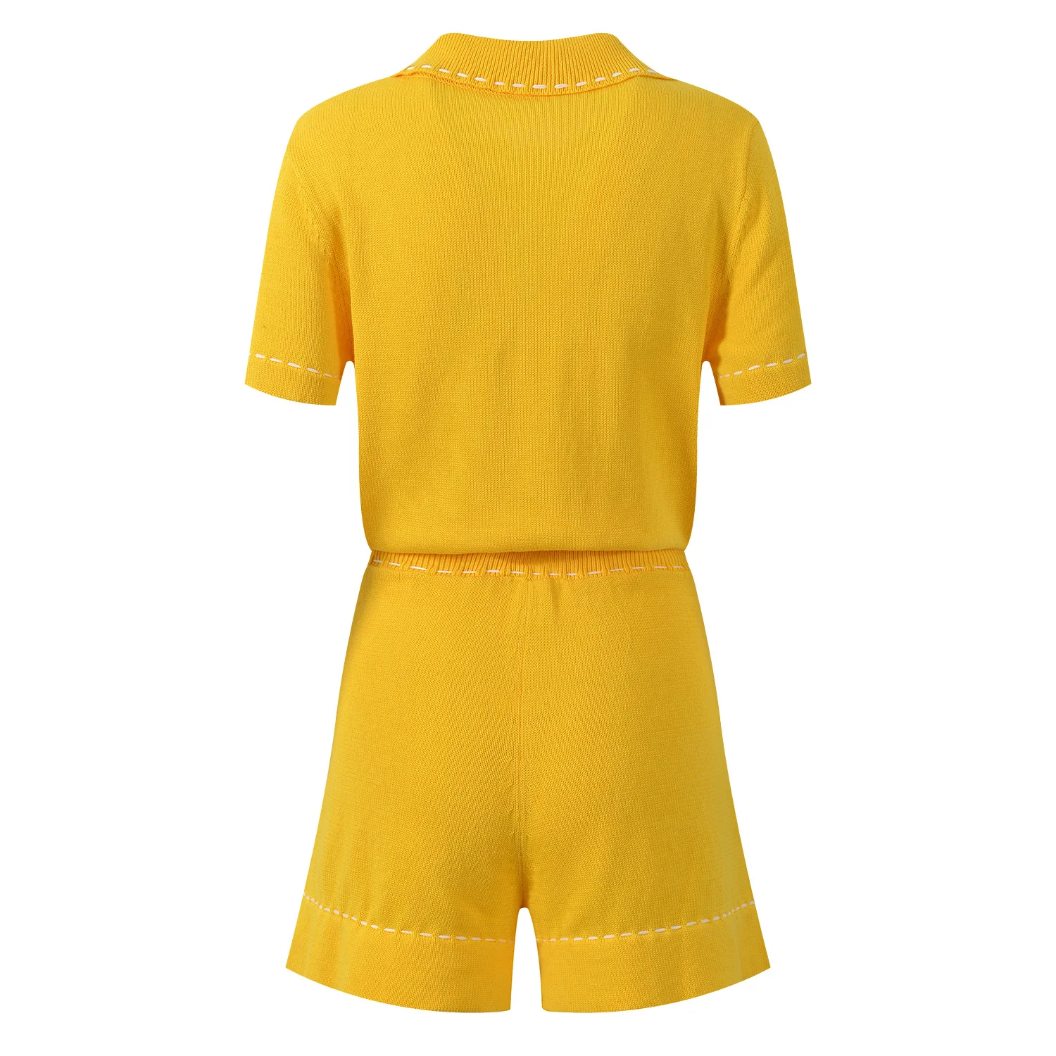 Summer French Style Lady 2026 Designed Topstitch Turn-down Collar Short Sleeve Single-breasted Solid Knits Jumpsuit