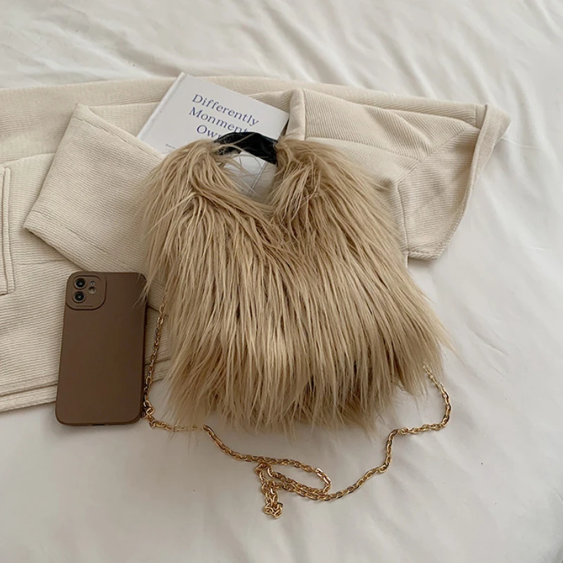 Candy Color Fluffy Women\'s Shoulder Bags Long Plush Ladies Chain Crossbody Bag Faux Fur Hot Girls Bucket Bag Y2K Furry Handbags
