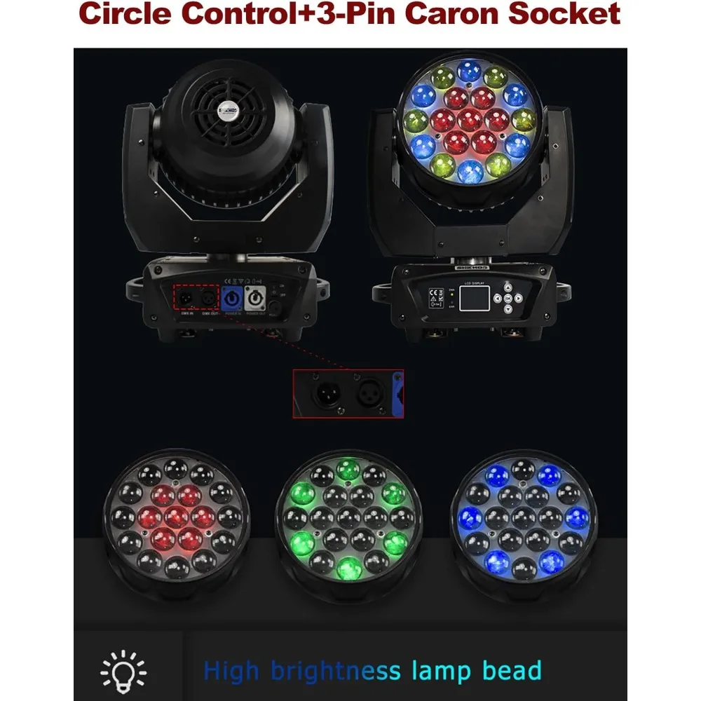 ムービングヘッドライト LED 19x15W RGB、4in1 ビーム/ウォッシュ/ズームエフェクトステージライトプロフェッショナル DMX512、サウンド起動制御 DJ ライト