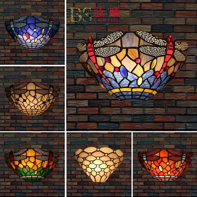 

European wall lamp bedroom, living room TV wall corridor creative Mediterranean color glass LED wall lamp free shipping