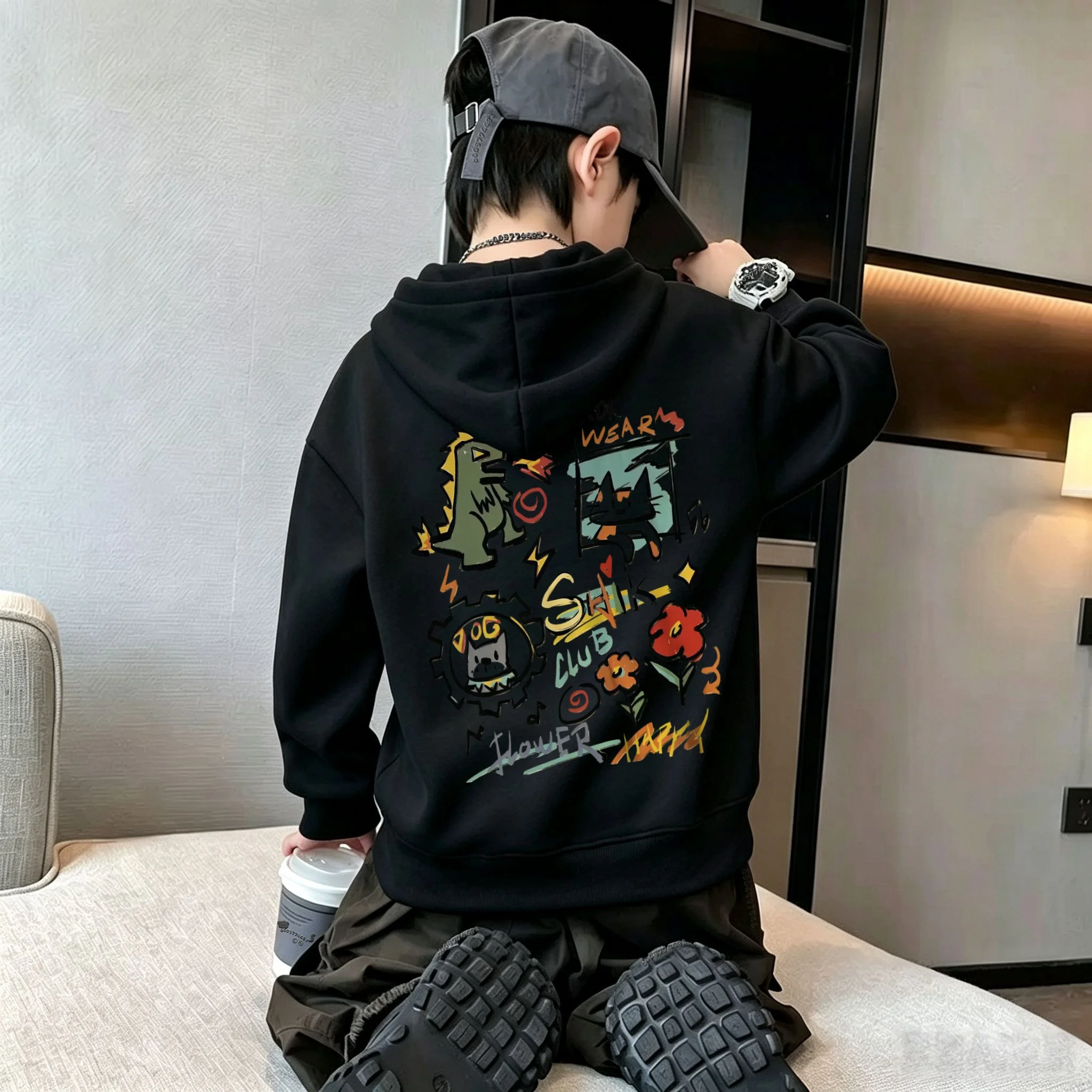 Autumn/Winter New Children's Hooded Sweater Cool Hand-painted Dinosaur, Cat and Flower Graffiti Print Loose Hooded Top