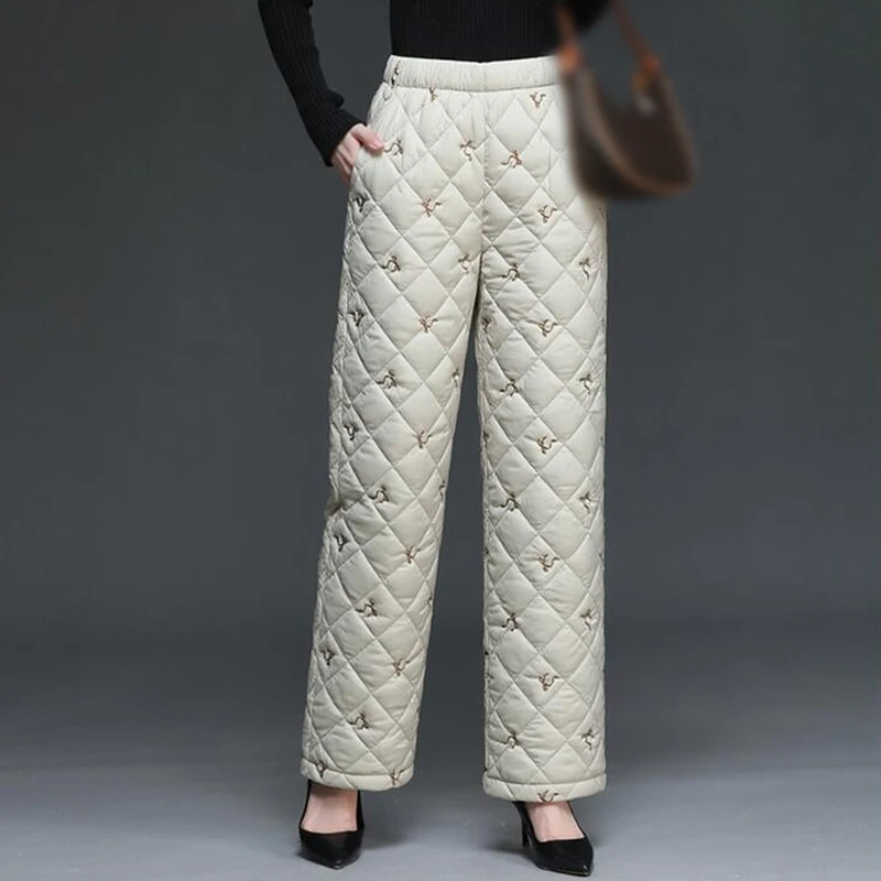 M-3XL New Women Winter Cotton Pants Thicked Thermal Printed Quilted Cotton Trousers Middle Aged Elderly Mama Warm Pants