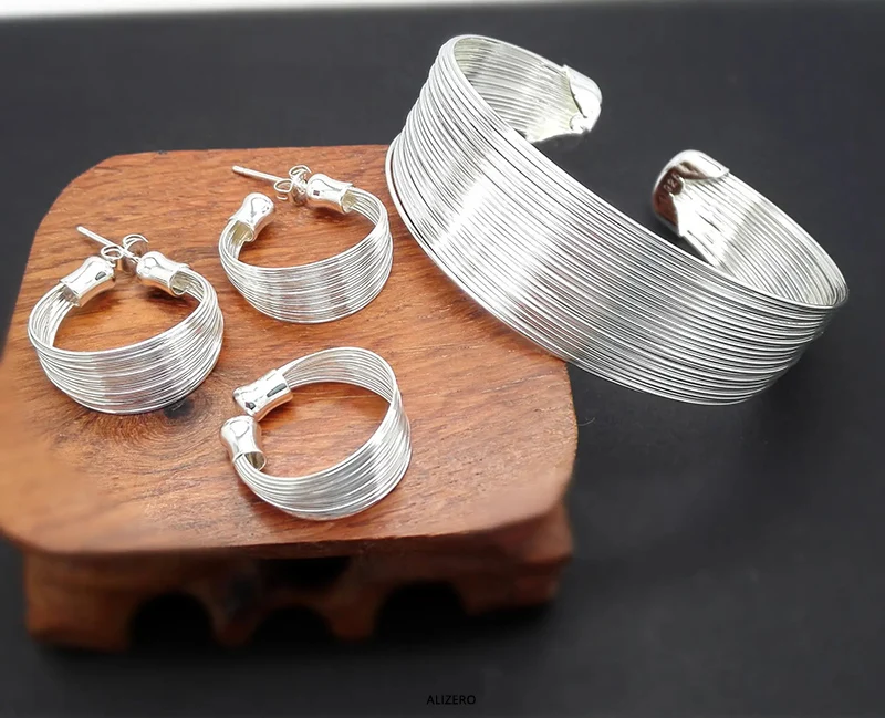 

Hot Sale Women Jewelry Set Fashion 925 Sterling Silver Multi-line Bangles Ring Earrings Wedding Party Gifts Drop Shipping