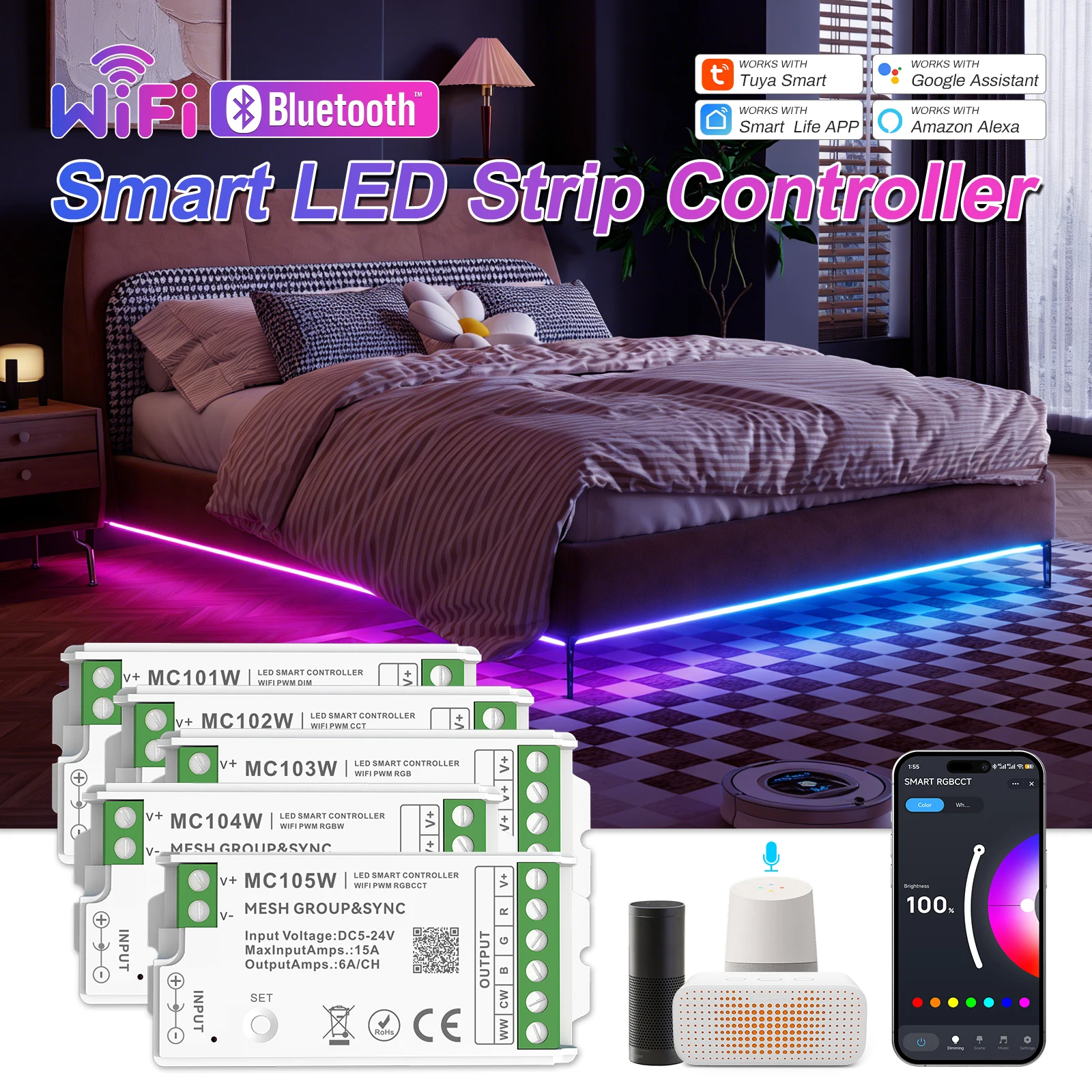 

Контроллер для светодиодных лент Tuya WiFi Smart LED Strip Controller SPI Dimmer RGBCCT RGBW, 5-24В, с пультом ДУ для светодиодных лент