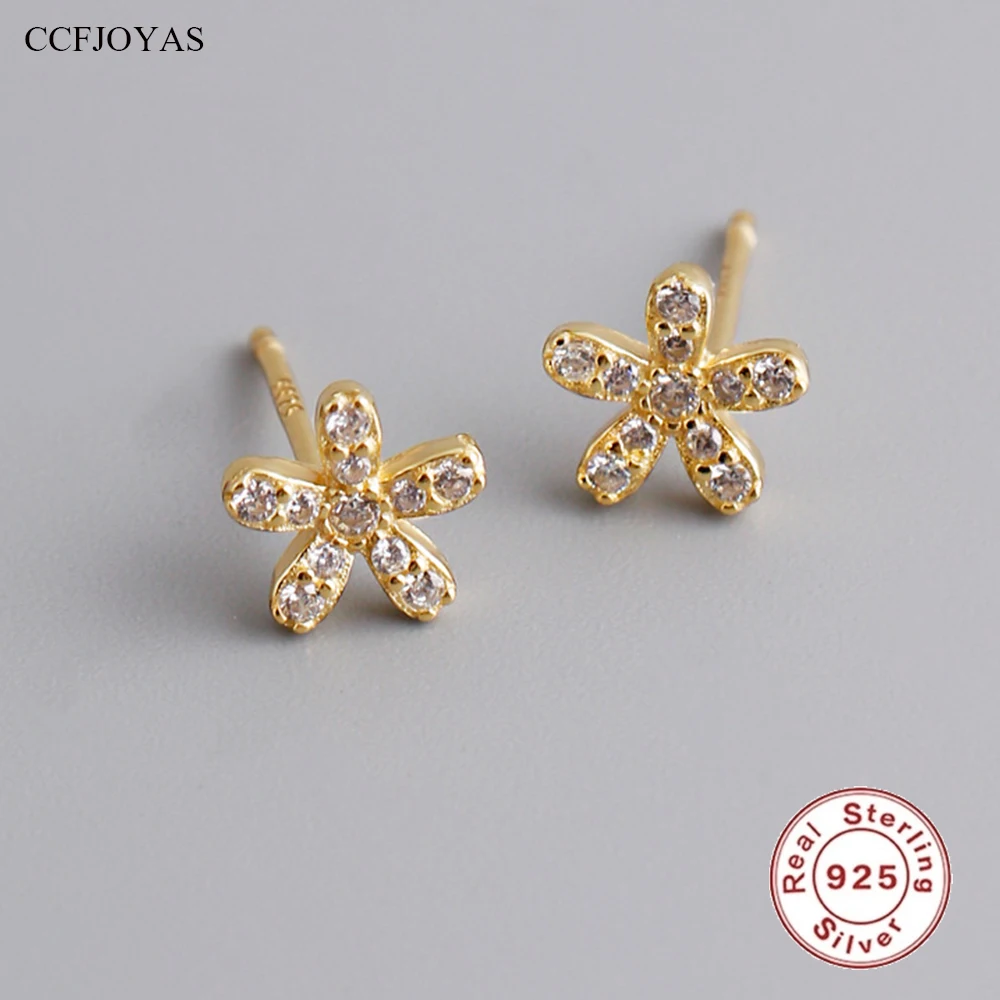 CCFJOYAS Mini Cute Flower 925 Sterling Silver Stud Earrings for Girl Women Simple INS White Zircon Plum Blossom Earrings