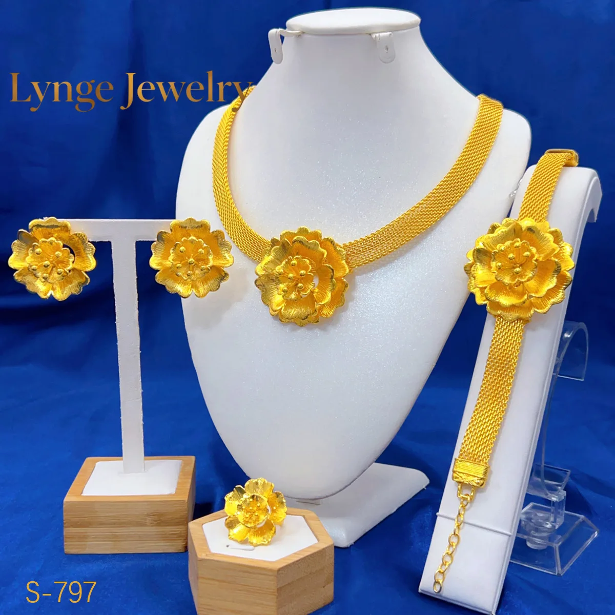 

Lynge Jewelry Women 24K Gold AU999 Flower Tassel Necklace Earrings Ring Bracelet Bride 4-Piece Set - Pure gold gift, auspicious
