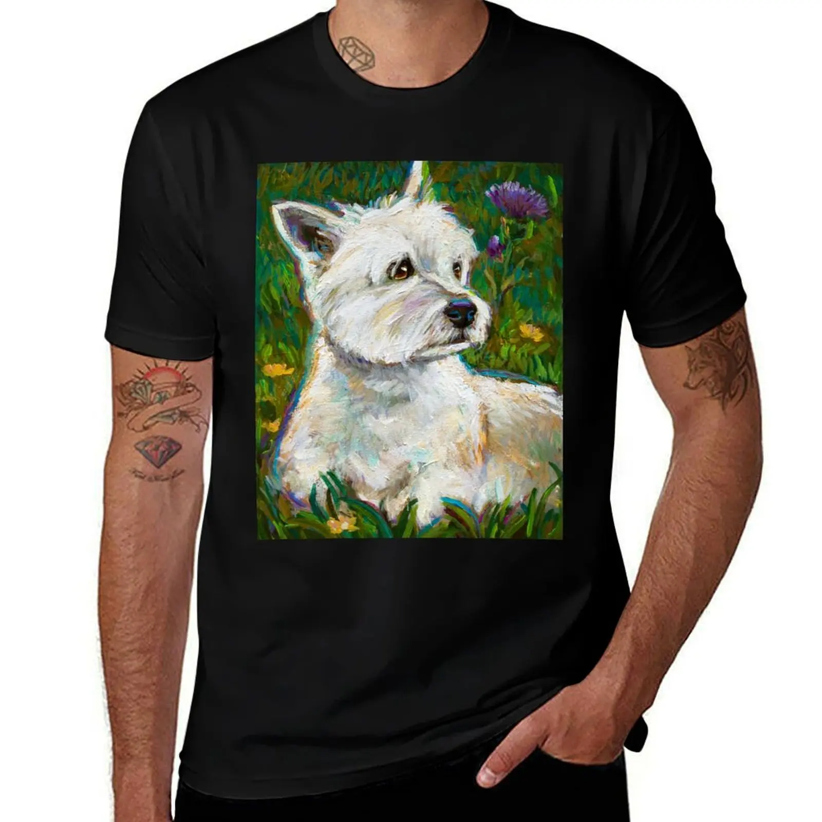 Cute Westie in Sunny Field with Flowers T-Shirt man t shirts cotton T-Shirt