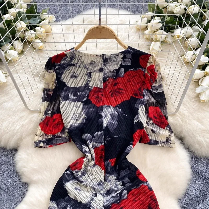 Robe mi-longue vintage à imprimé floral frais pour femmes, robe éducative, col en V croisé, manches courtes, tambour élégant, taille mince, hanche GT