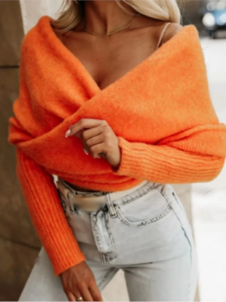 

Fashion Knit Sweater For Women Sexy V Neck Long Sleeve Short Pullover Sweaters Tops Lady Holiday Streetwear Women's Clothing New