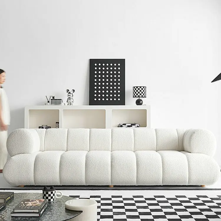 

Cream wind sofa small apartment living room light straight row three people light luxury teddy