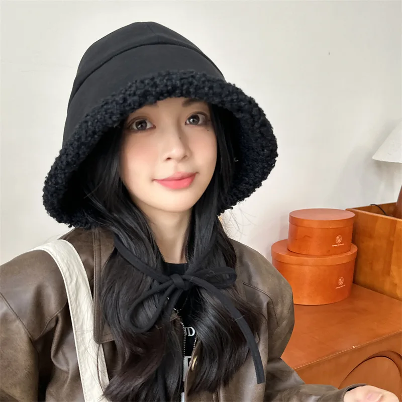 insFace-Showing Little Autumn Winter Plush Thickened Warm Hat Children's Windproof Earflaps Lamb Wool All-Matching Strap Bucket