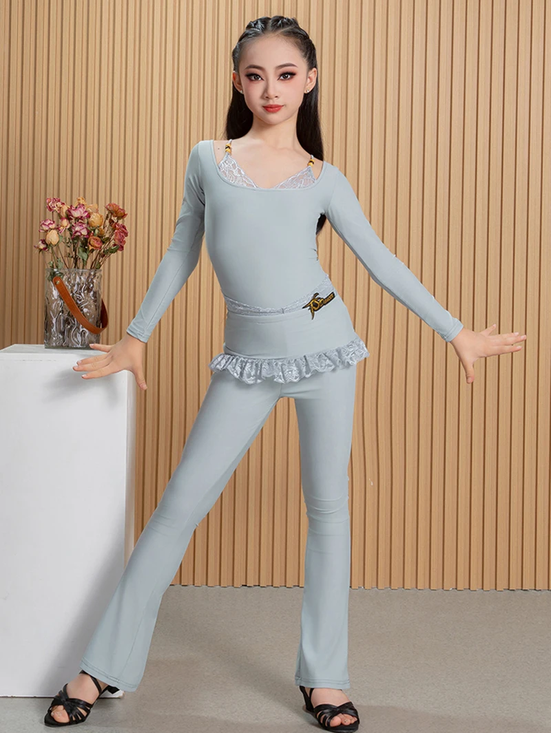 Autumn Winter Kids Girls Latin Dancewear Children Long Sleeve Lace Bodysuit and Pants Trousers Practice Competition Costumes