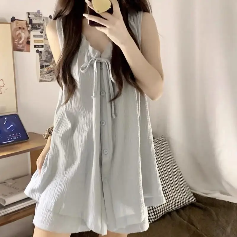 

Летний комплект: майка и шорты однотонного цвета, домашний костюм для женщин, можно носить на улице, тонкий, для студенток.