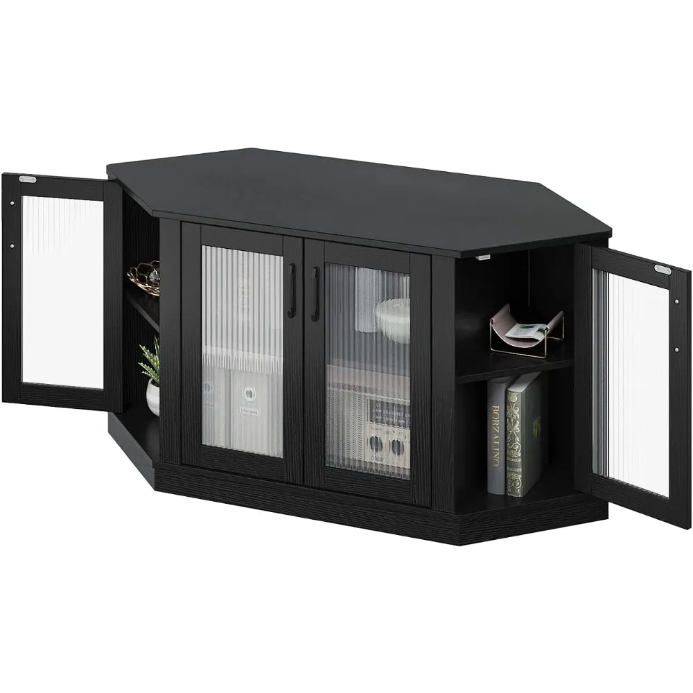 وحدة تحكم وسائط بحامل تلفزيون زاوية مع 4 أبواب وأرفف لأجهزة التلفاز حتى 51 بوصة باللون الأسود #5